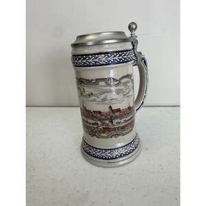 Vintage Gerz West German Bremen View Ceramic Beer Stein Lidded 94% Zinn